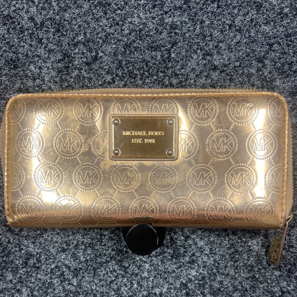Michael Kors Wallet Womens OS Rose Gold Metallic Logo Zip Around Glam Designer